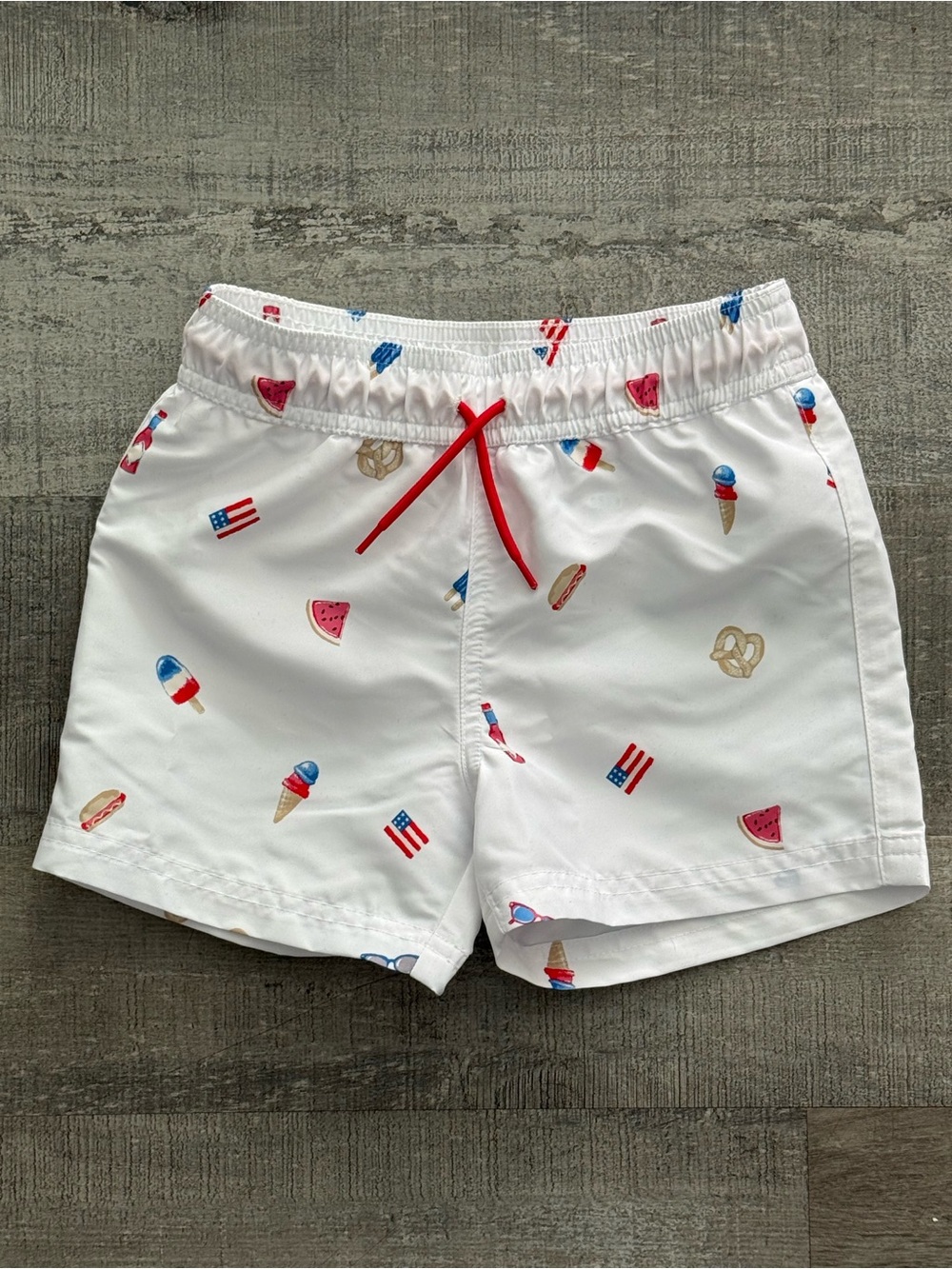 Janie and Jack White Patriotic Print Swimming Shorts with Red, white and Blue